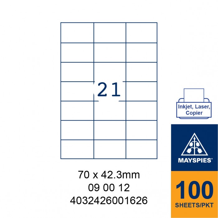 MAYSPIES 09 00 12 LABEL FOR INKJET / LASER / COPIER 100 SHEETS/PKT WHITE 70X42.3MM